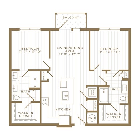 Floor plan for 2 beds, 2 baths, 1051 sqft
